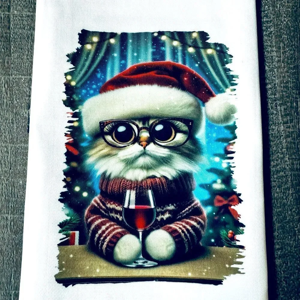 Santa Cat Wine Christmas Holiday Kitchen Dish Towel
